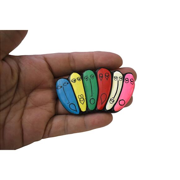 Vintage Demi Parure 80s Modernist Novelty Faces Rainbow Brooch Dangle Earrings - Picture 3 of 6